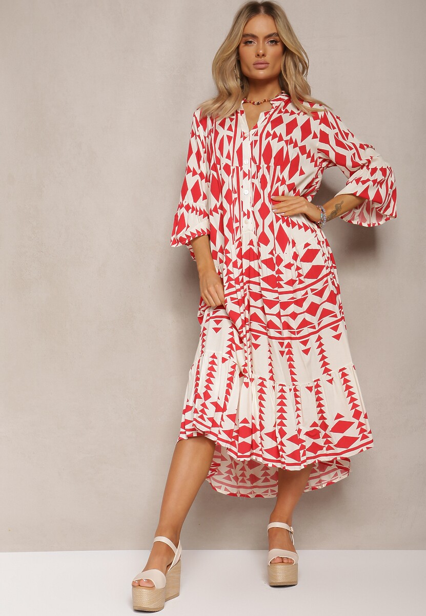 Rochie midi roșu-albă evazată cu model geometric și volane Mefdia 2