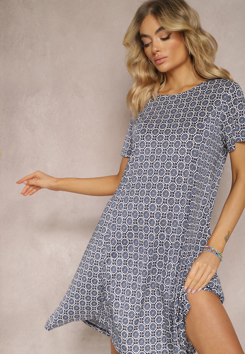 Rochie Albastră Cloș cu Model Ornamental din Viscoză Oflia 1