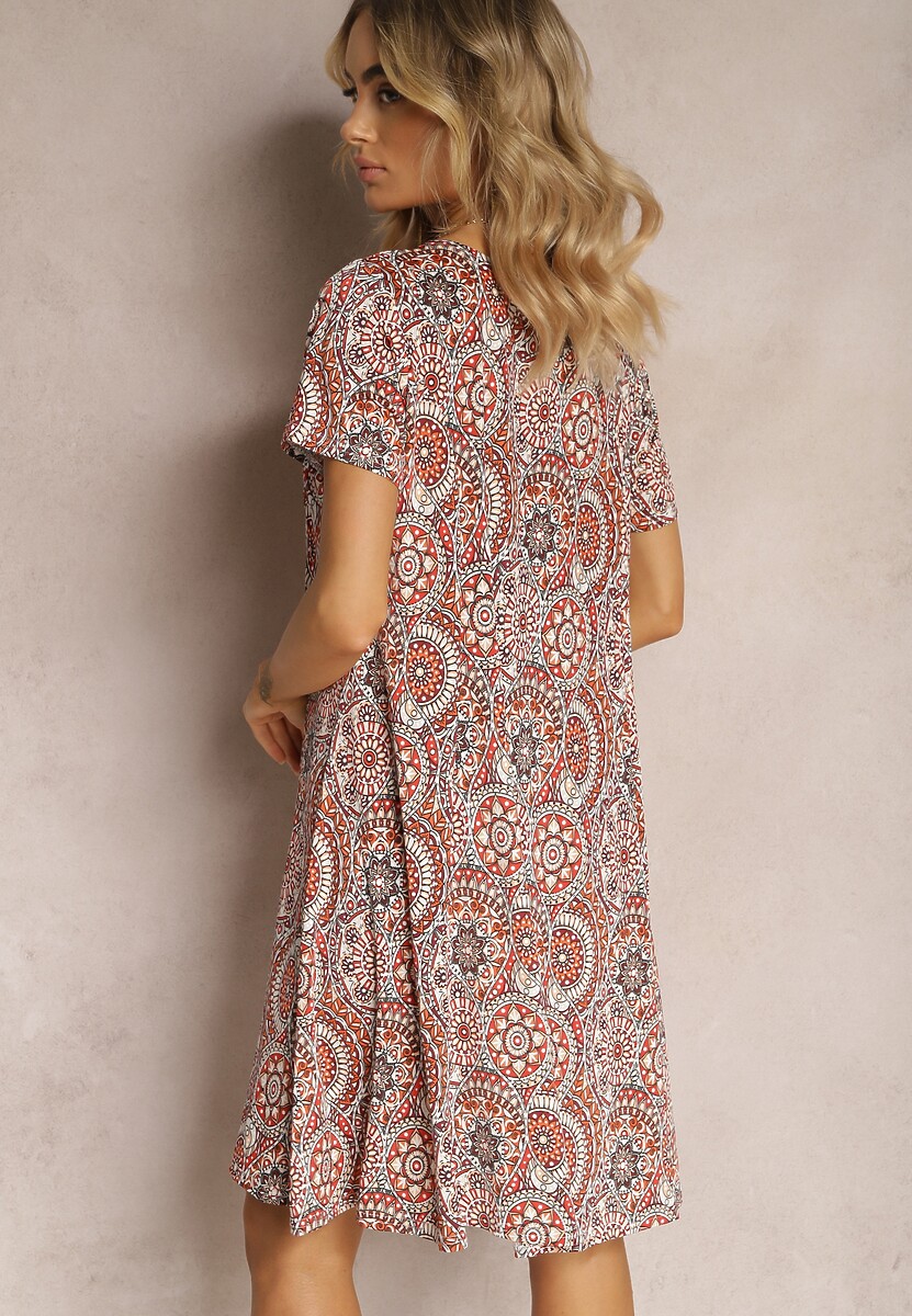Rochie Portocalie Scurtă în Stil Boho din Viscoză Elastică cu Mâneci Scurte Ailoni 3