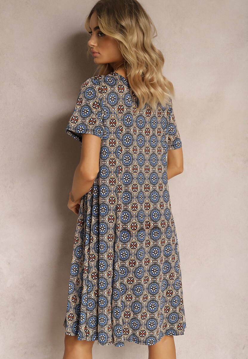 Rochie midi bleumarin-maro cu model mozaic din viscoză cu croi evazat Vechaina 3