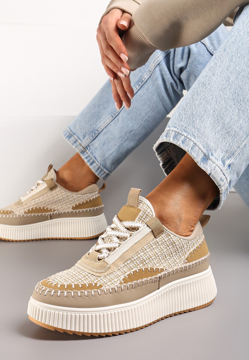Sneakers Orilenes Bej Închis Din Tweed Cu Platformă Și Cusături 1