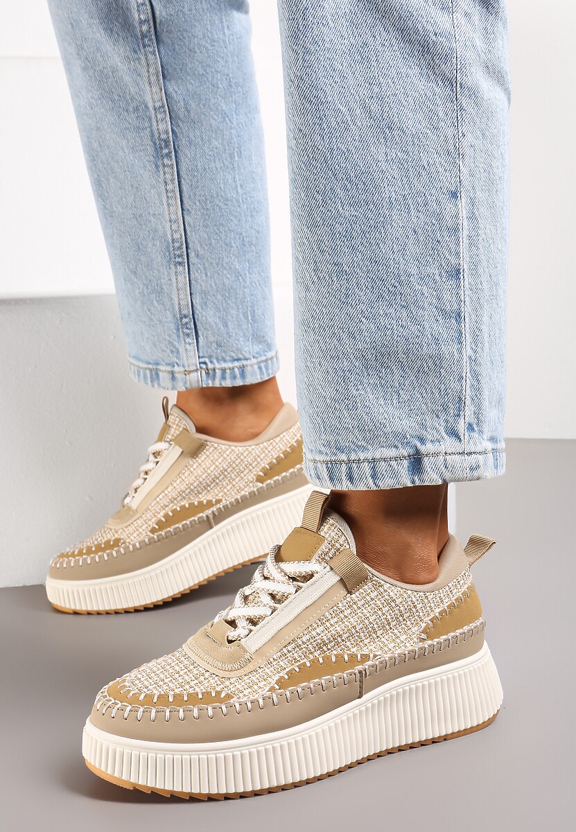 Sneakers Orilenes Bej Închis Din Tweed Cu Platformă Și Cusături 2