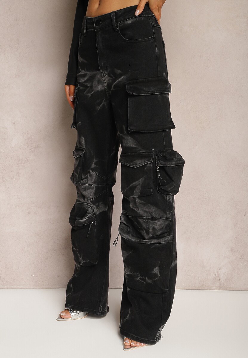 Czarne Jeansy Cargo Ozdobione Marmurkowym Wzorem Tie-Dye Elysiama 1