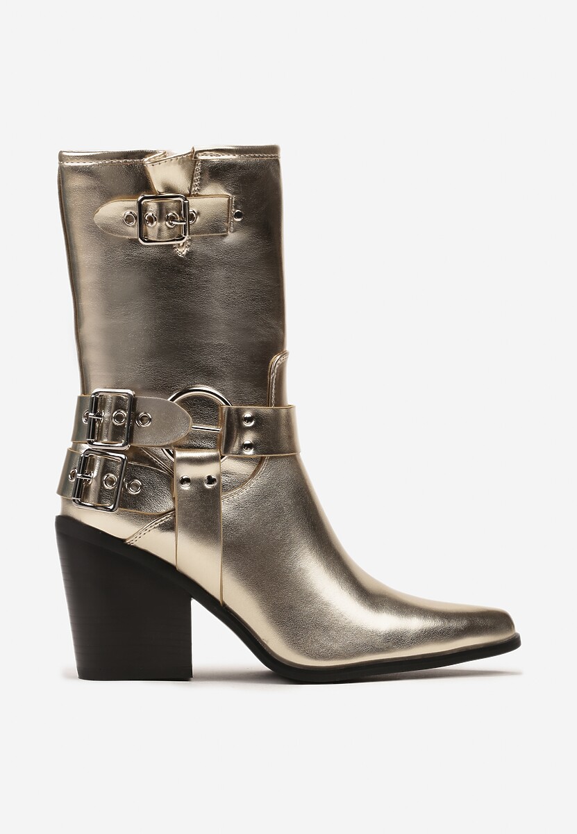 Botine Aurii Cowboy Toc Bloc Gros cu Catarame și Curele Caraley 3