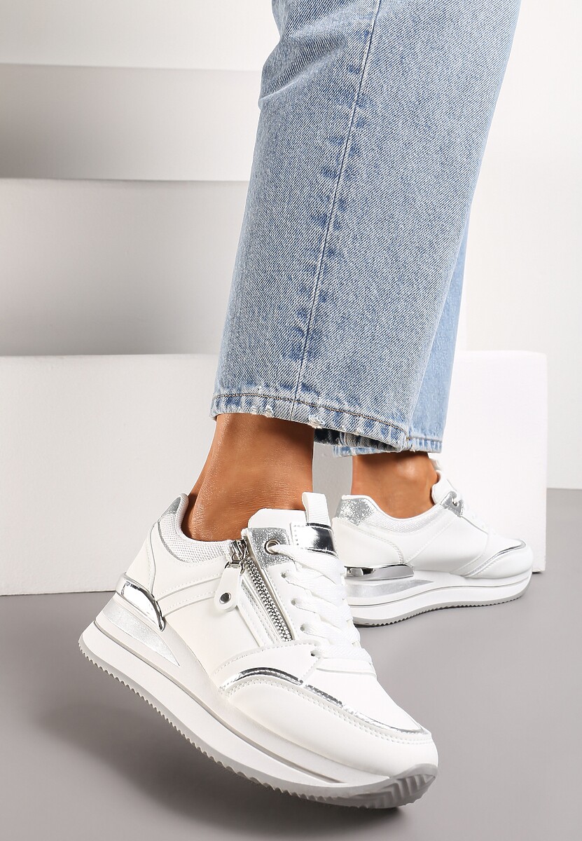 Sneakers albi pe platformă cu laminare metalică și sclipici Bivina 1