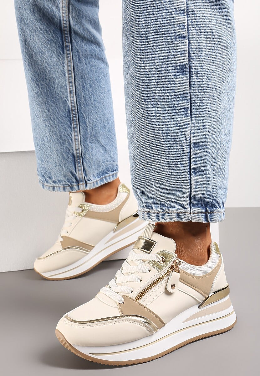Sneakers bej Bivina cu platformă și inserții metalice și sclipici 2