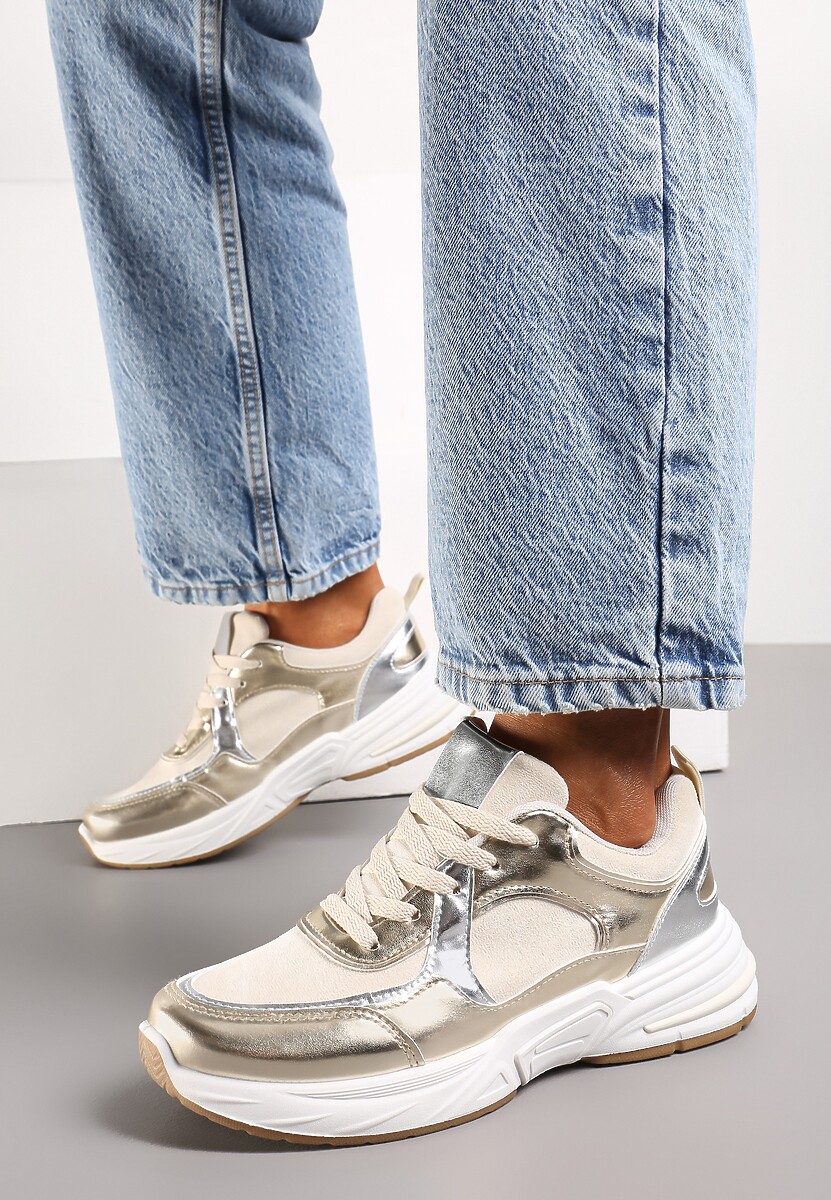 Sneakerși Bej-Aurii cu Șiret și Inserție Metalică Kizria 2
