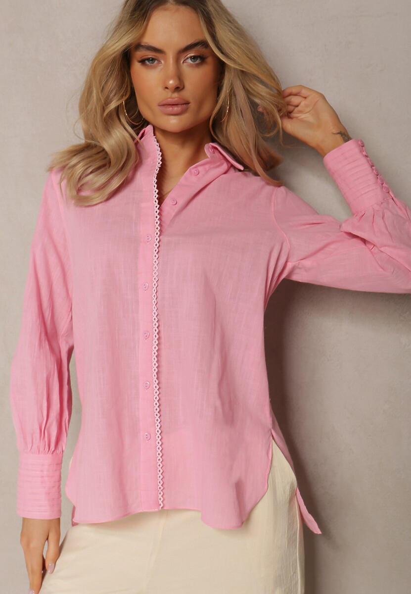 Różowa Koszula z Bawełny z Ozdobnym Haftem Przy Guzikach Gevindia 2