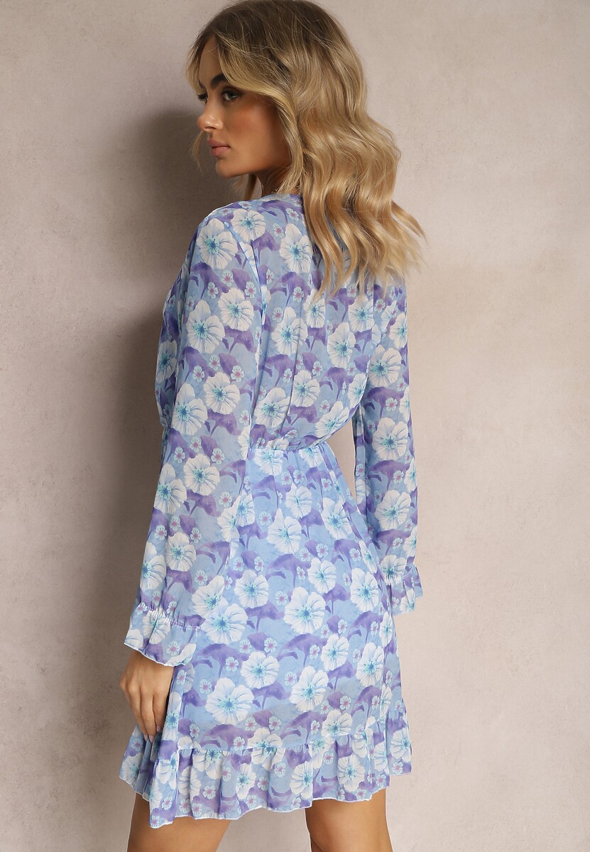 Rochie Albastră Scurtă Imprimeu Floral Decolteu V Icarba 3