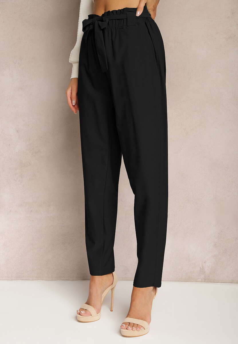 Czarne Spodnie Paper Bag z Paskiem Materiałowym Esrice 1