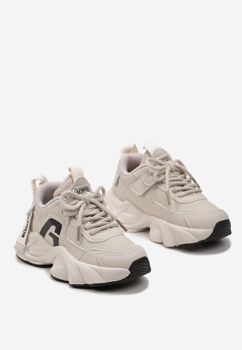 Beżowe Buty Sportowe Sneakersy na Platformie z Tłoczeniem i Napisem Valanora 2