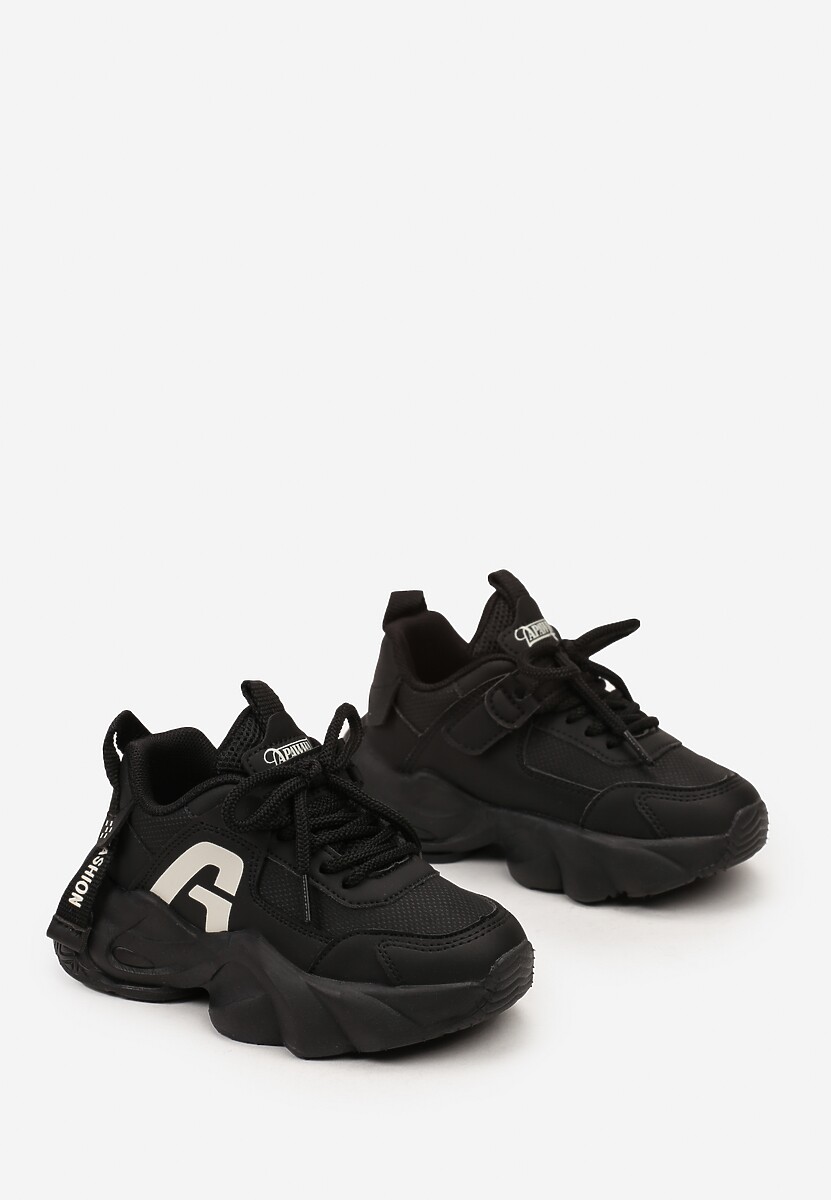 Czarne Buty Sportowe Sneakersy na Platformie z Tłoczeniem i Napisem Valanora 2