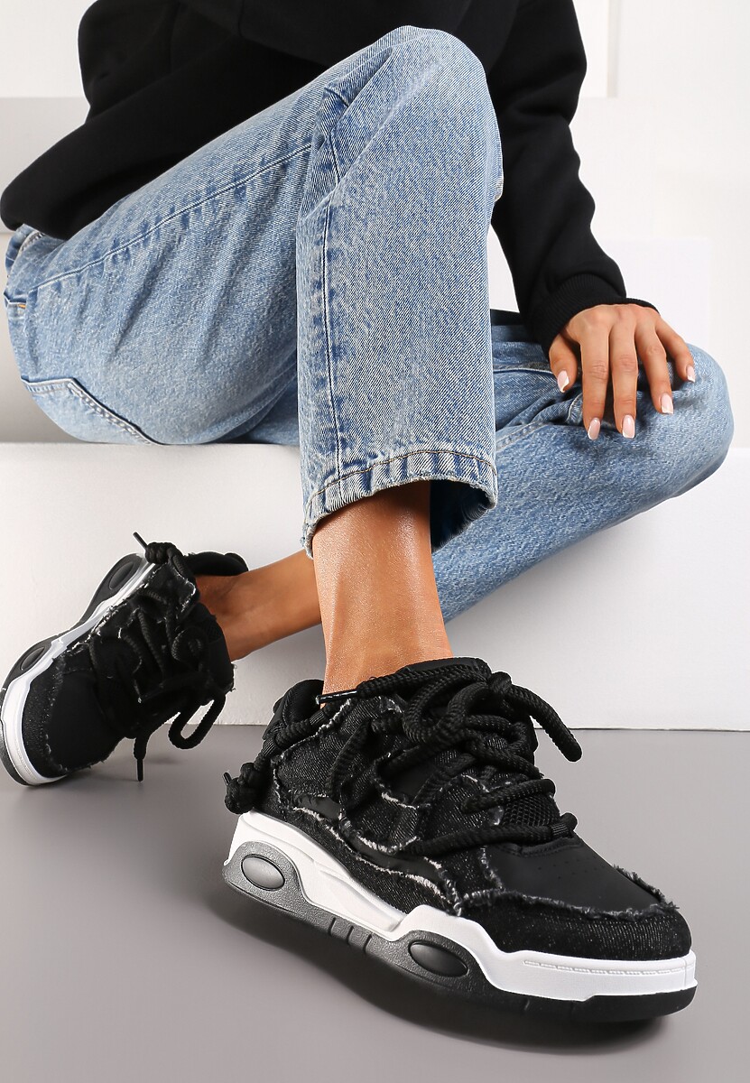 Sneakers negri cu perforații și inserții din material cu șireturi decorative Luneth 1