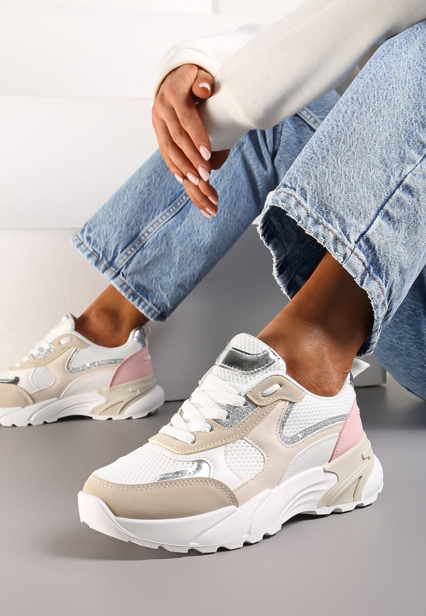Sneakers bej-albi cu inserții metalice și plasă Efalia 1