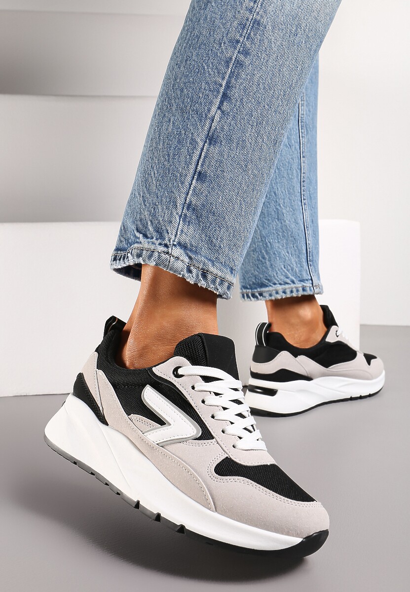 Sneakers Negru-Bej pe Talpă Groasă cu Inserții din Material și Cusături Decorative Orbane 1