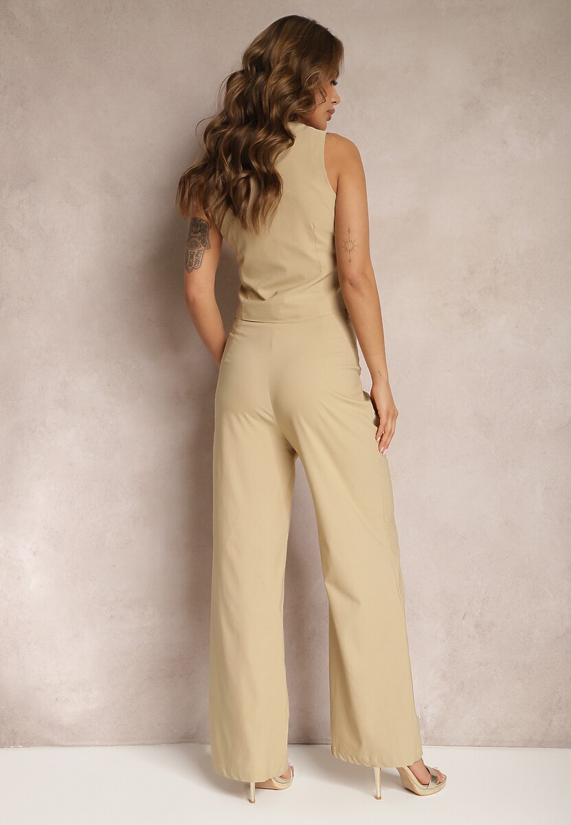 Compleu Bej Sacou Vesta și Pantaloni Drepți High Waist Nithriella 3