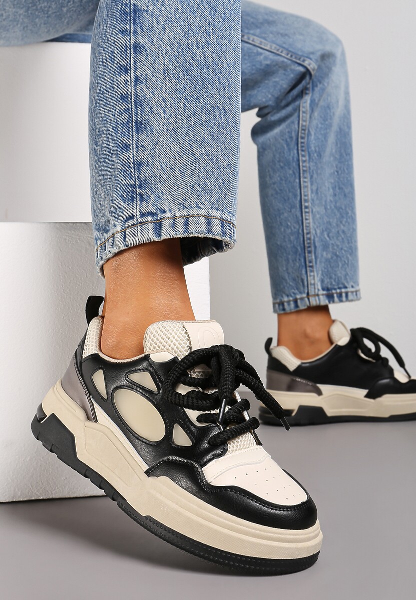 Sneakers Negru-Bej pe Platformă Joasă cu Șireturi Groase Vansyla 1