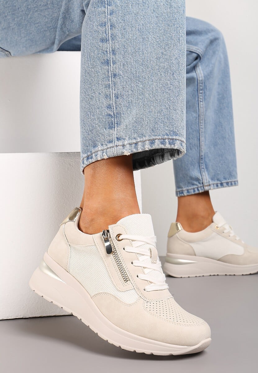 Beżowe Sneakersy na Koturnie Ozdobione Krótkim Suwakiem Yurgia 1