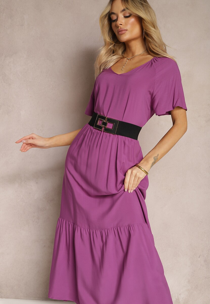 Rochie Violetă Cloș Maxi din Bumbac cu Decolteu Triunghiular Nastal 1