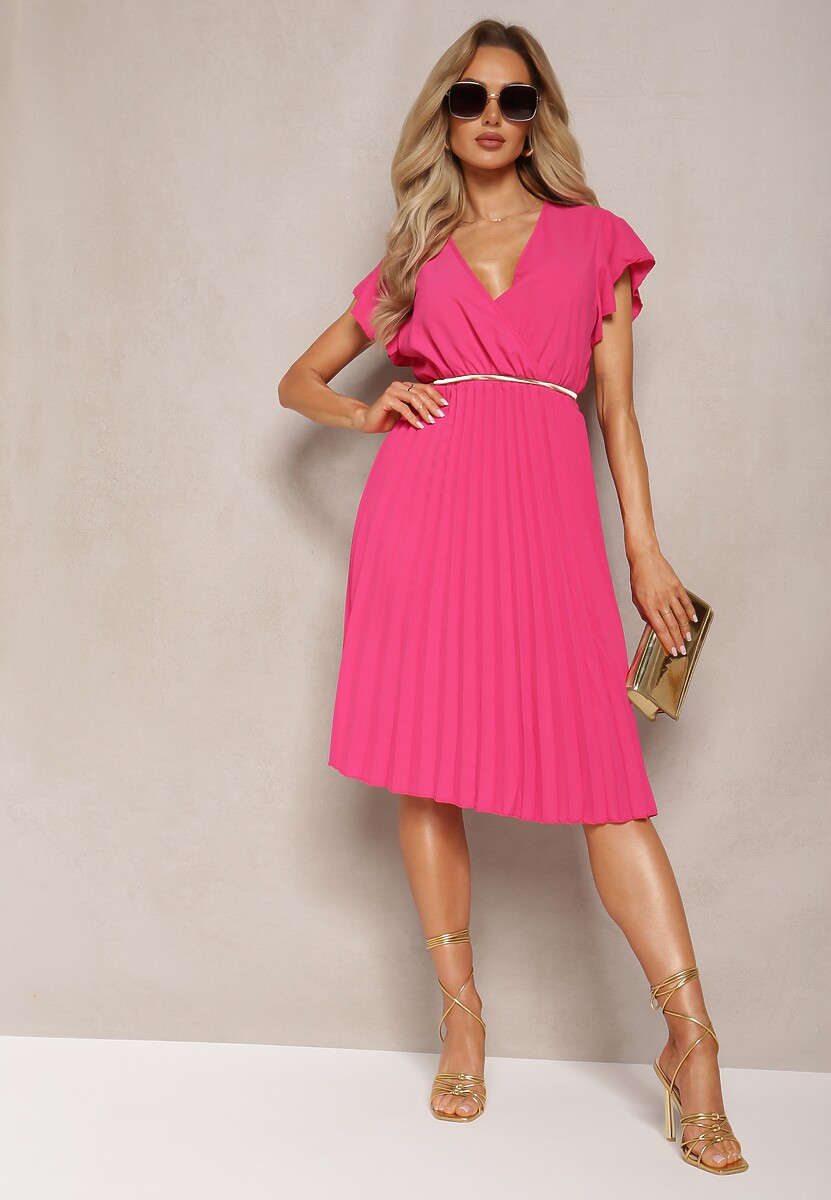 Rochie midi roz fucsia cloș cu decolteu în V petrecut și pliuri Axanntia 2