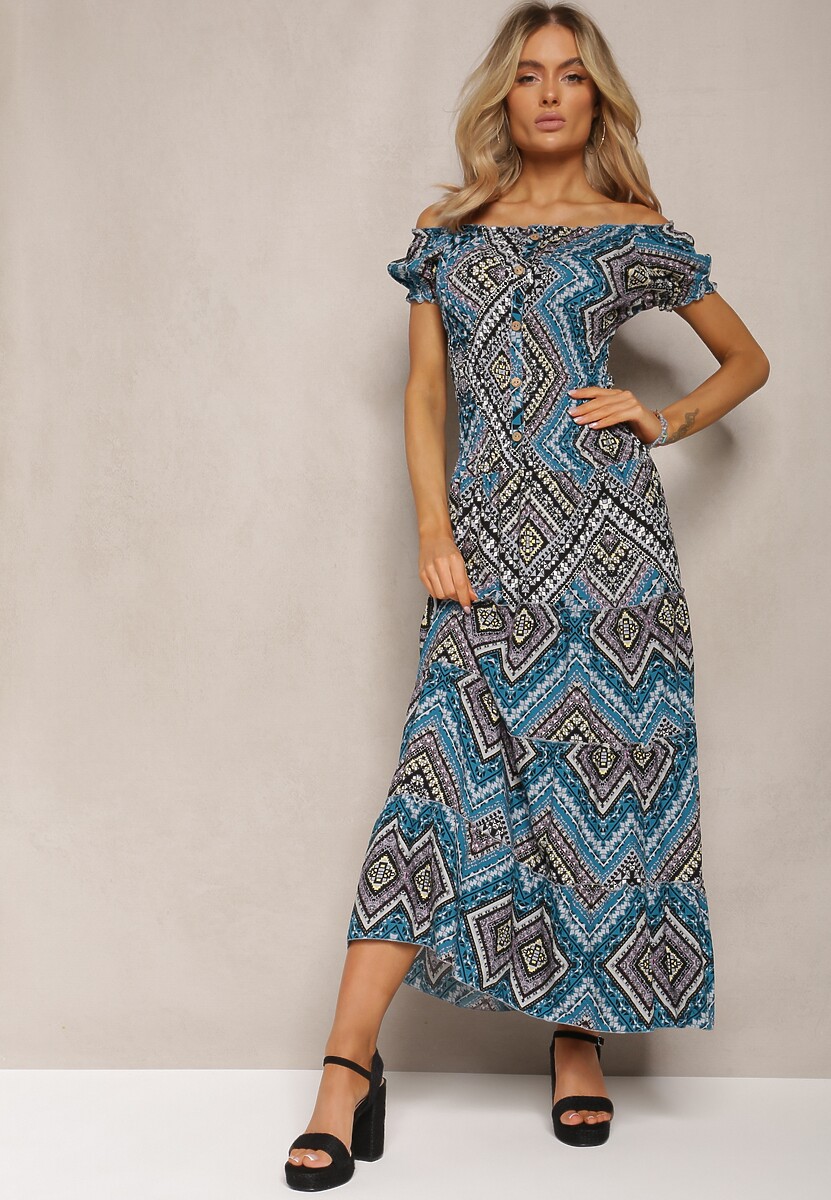 Rochie verde închis Bardot Boho din bumbac cu elastic în talie Lovedia 3