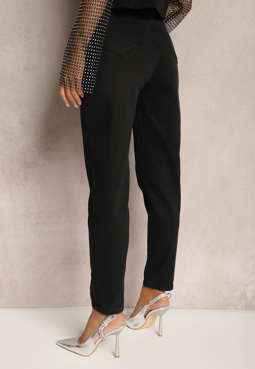 Blugi negri High Waist Mom Fit cu Pietre și Petice Klarida 3