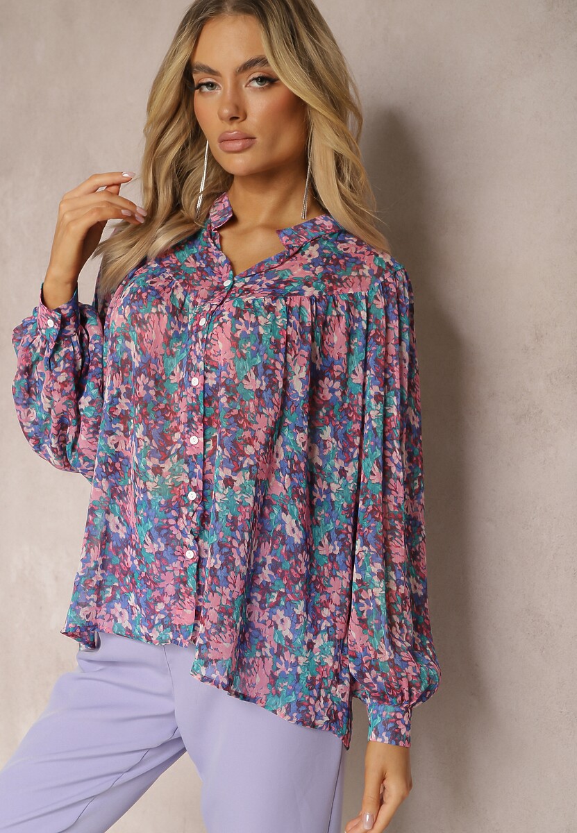 Niebiesko-Fioletowa Koszula w Kwiatowy Wzór z Prześwitującej Tkaniny Omertala 1
