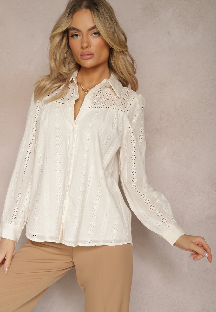 Jasnobeżowa Koszula z Bawełny z Ażurowymi Zdobieniami Namiella 1