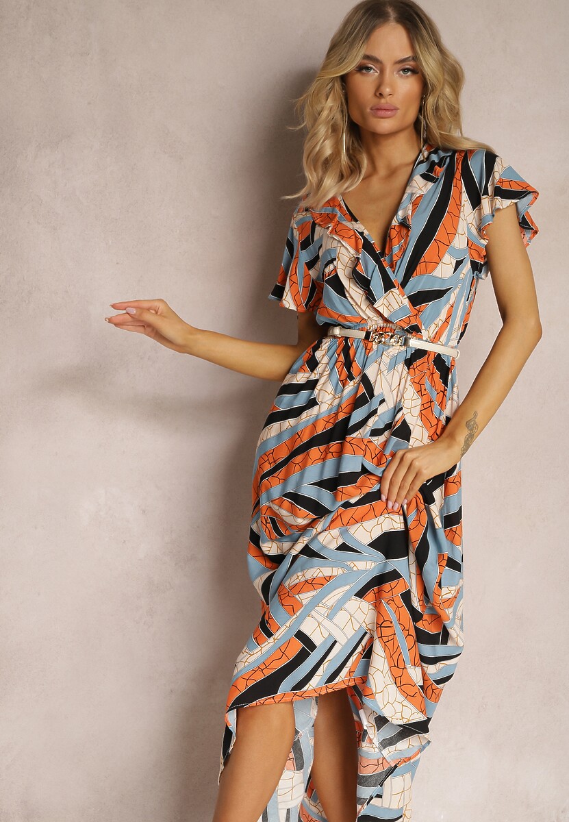 Rochie portocalie evazată din viscoză cu elastic în talie și imprimeu abstract Pairella 2