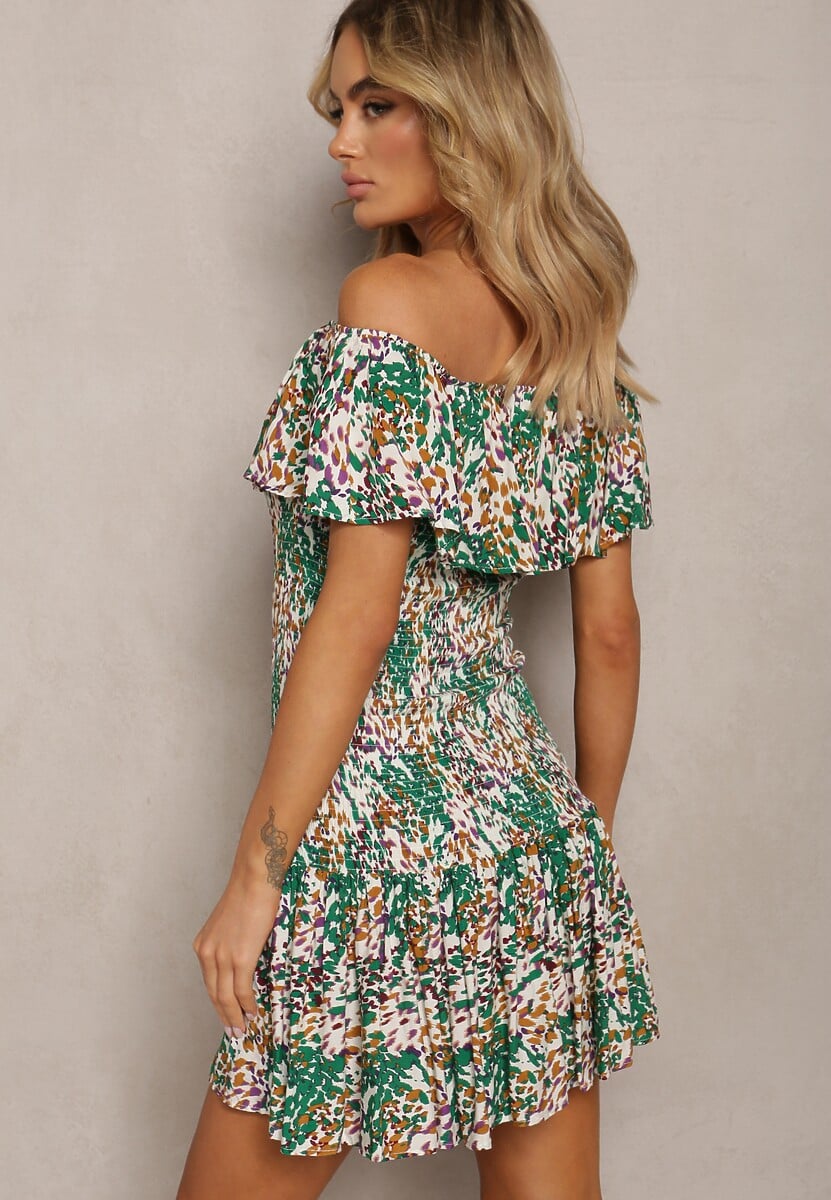 Rochie Verde Scurtă cu Decolteu Bardot din Viscoză Elastică Celestine 3