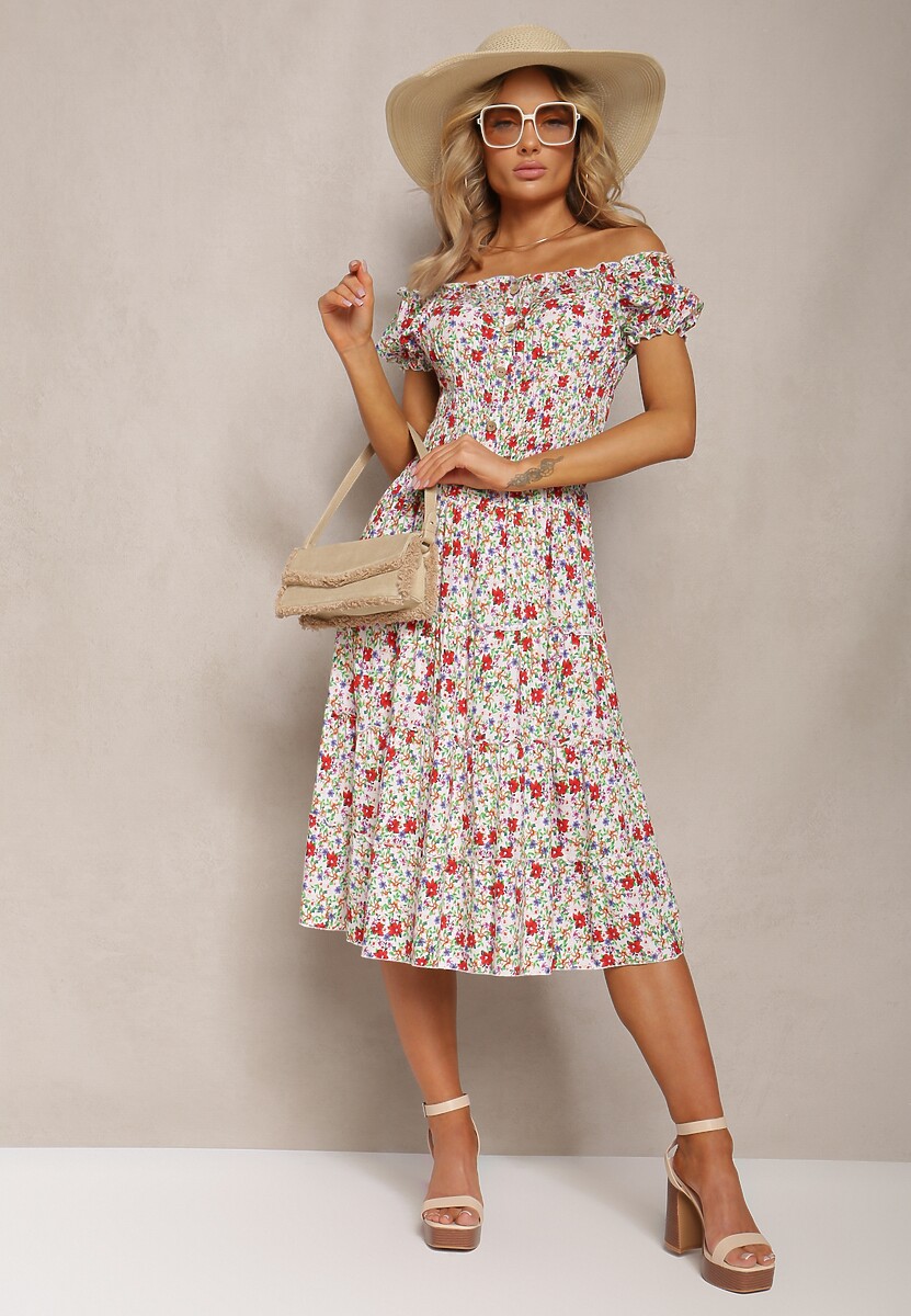 Rochie Midi Alb-Roz Spaniolă din Bumbac cu Imprimeu Floral Assetni 2