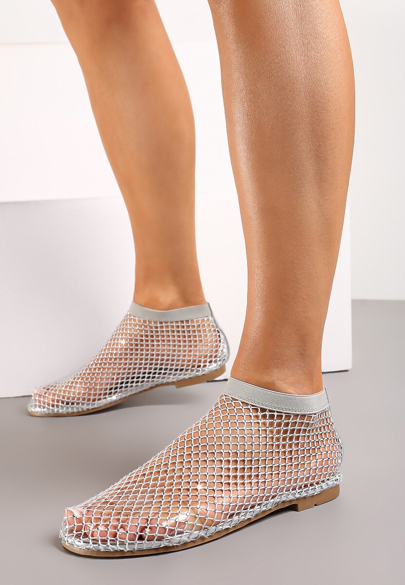 Balerini Argintii Slip-On Plasă cu Strasuri Imitatie Ciorapi Avulira 2