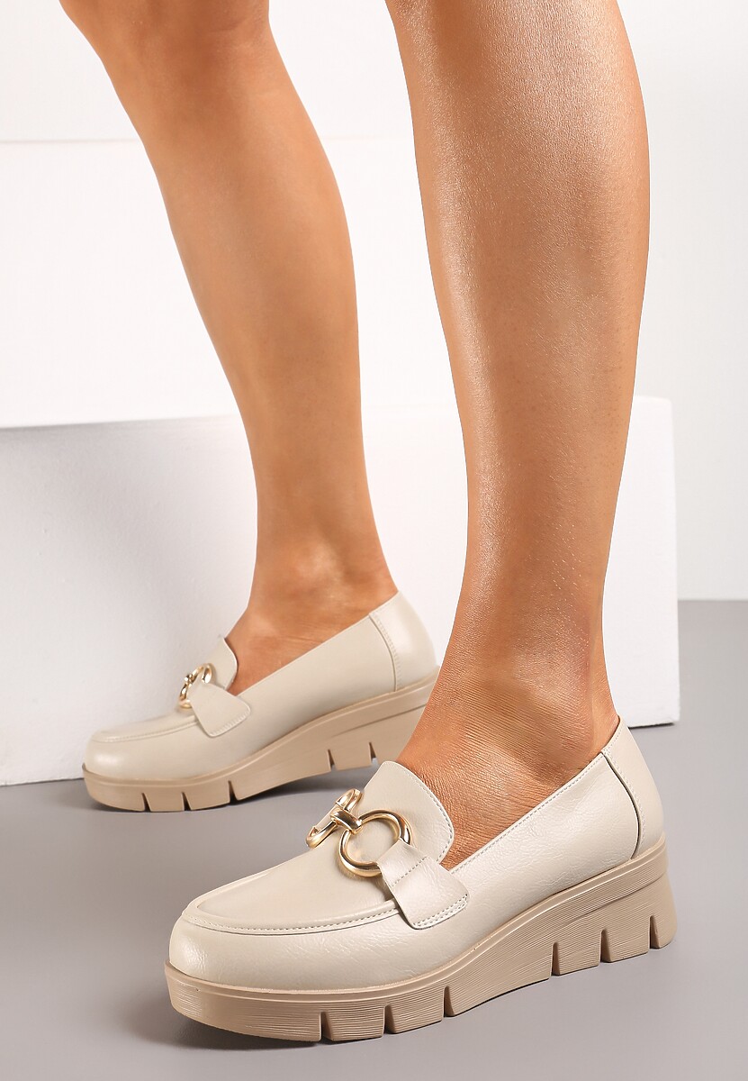 Bej Pantofi Slip-On cu Brant din Piele cu Cataramă Decorativă Zanthia 2