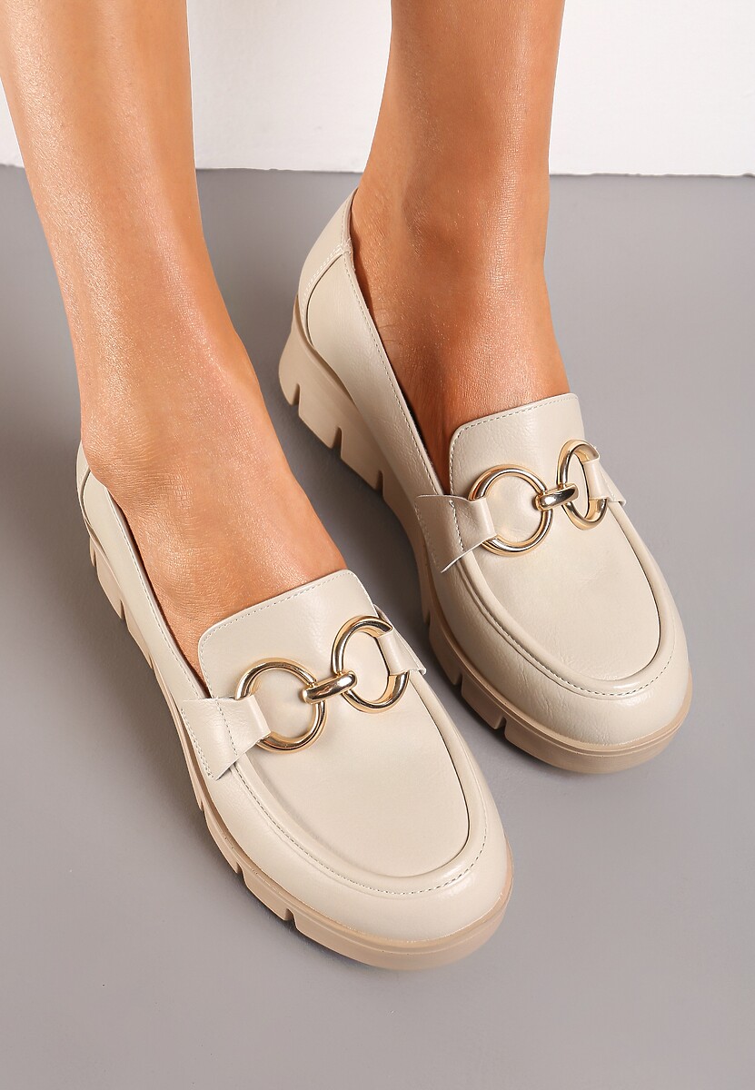 Bej Pantofi Slip-On cu Brant din Piele cu Cataramă Decorativă Zanthia 3