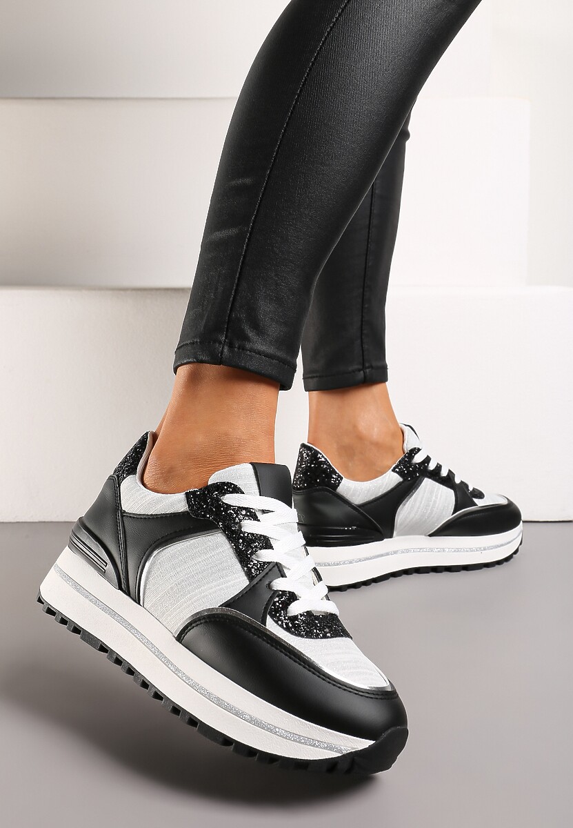 Sneakerși Negru-Alb cu Platformă și Inserții de Sclipici Ovilia 3