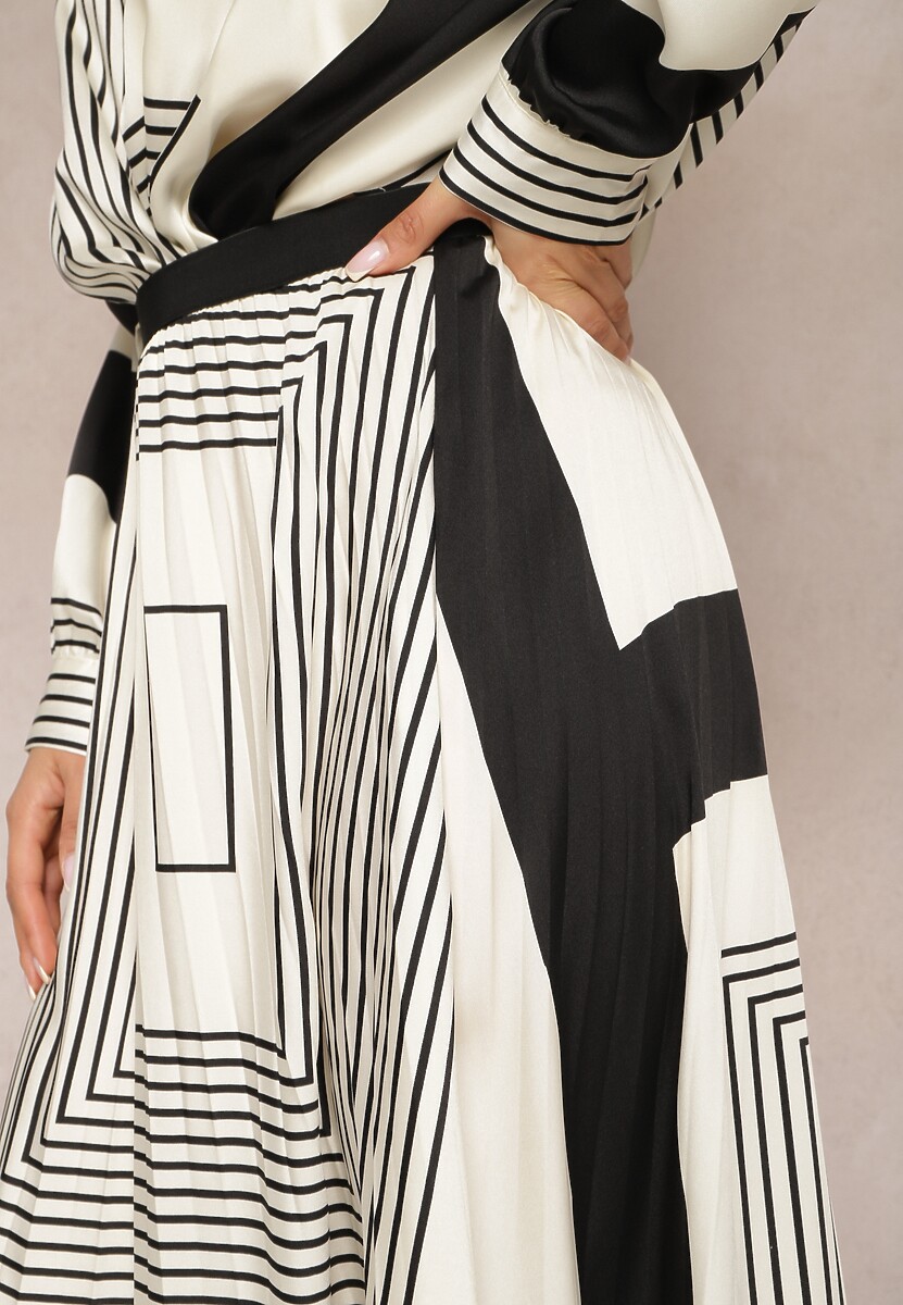 Fustă plisată bej-negru cu elastic în talie decorată cu model geometric Jenessia 4