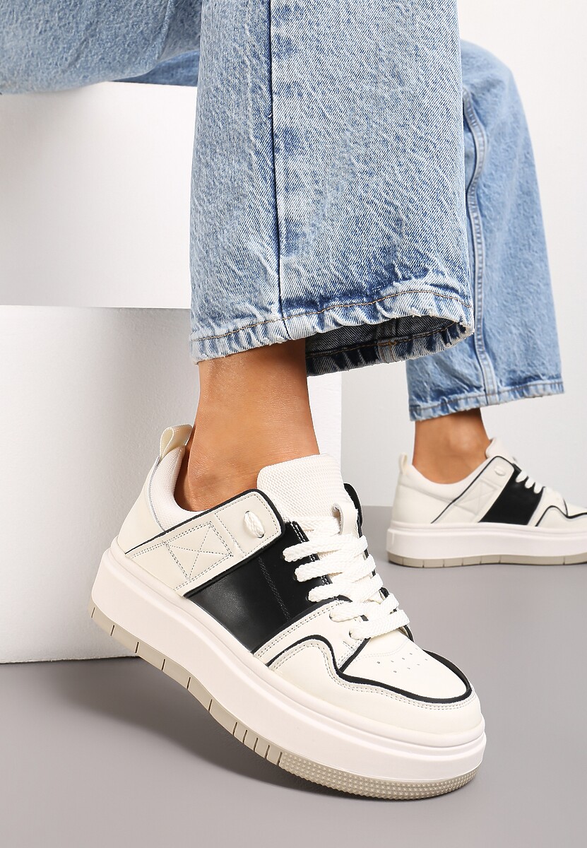 Sneakers Albi-Negri cu Șiret din Piele cu Cusături Decorative pe Platformă Joasă Glenita 1