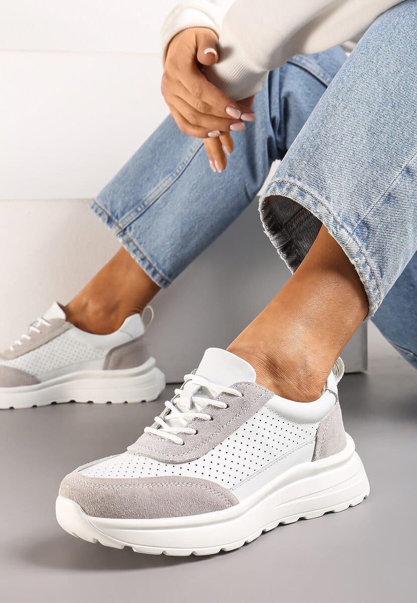 Sneakers din Piele Alb-Gri cu Perforatii si Sireturi Subtiri Ajullta 1