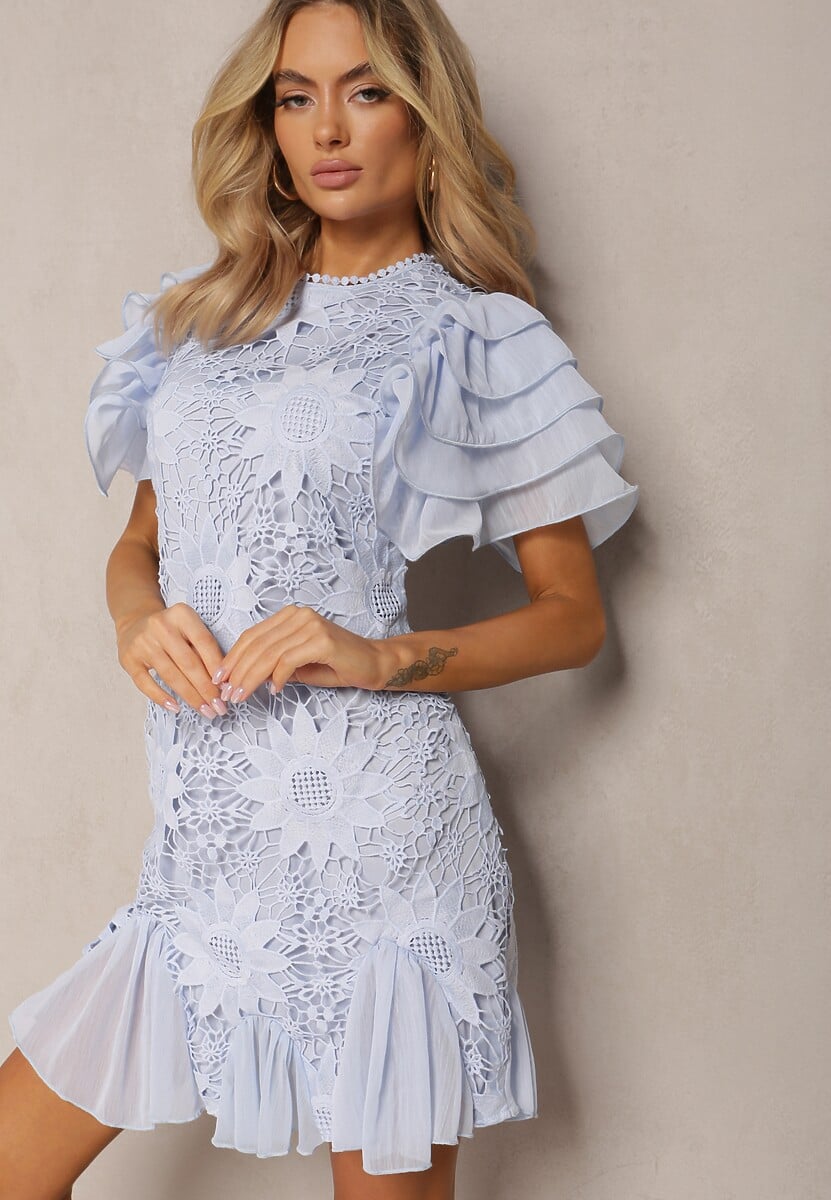 Rochie albastru deschis conică mini cu dantelă și volane Offiamea 1