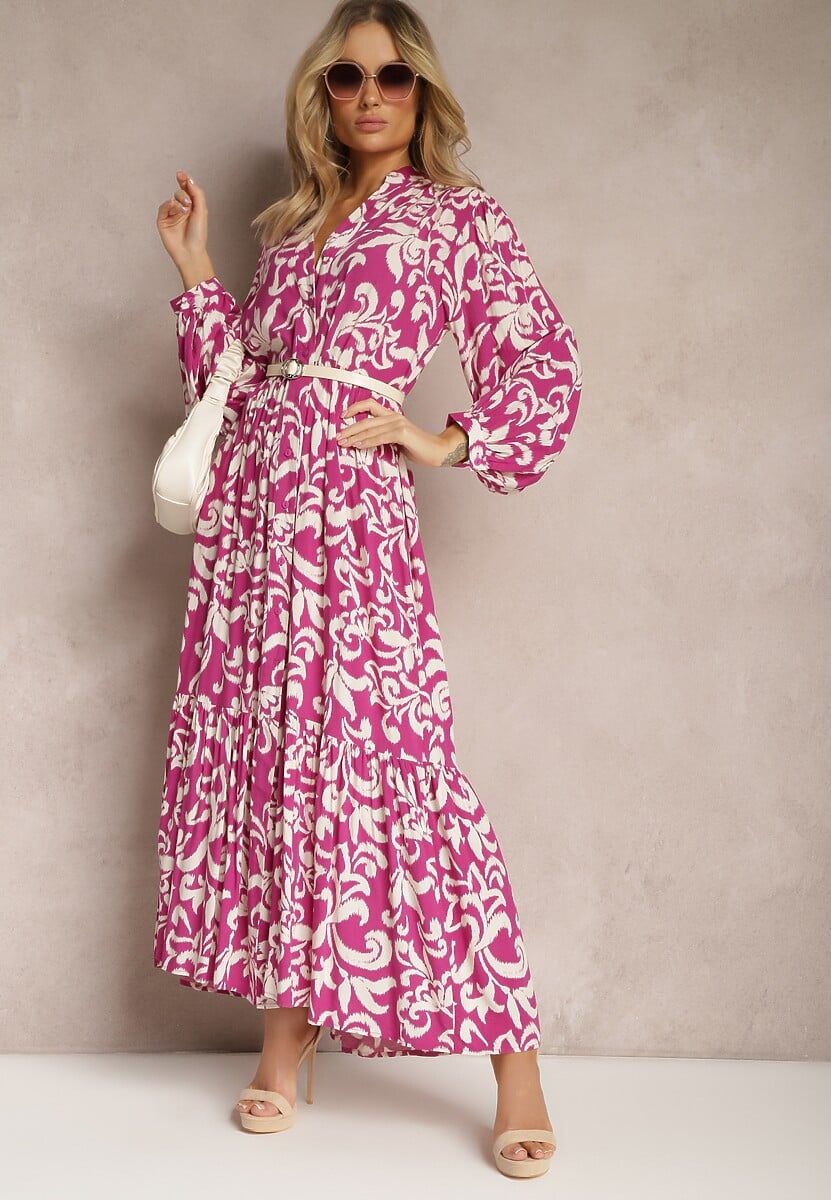 Rochie maxi fuchsia clos din viscoză cu croială de cămașă imprimeu ornamental Leonorra 2