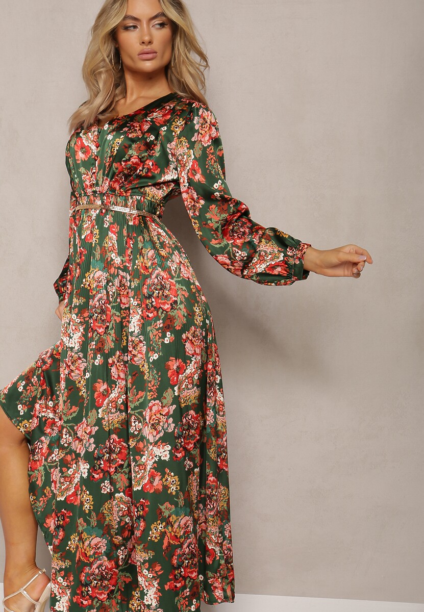 Rochie Verde-Roz cu Pliuri Imprimeu Floral Toada 1