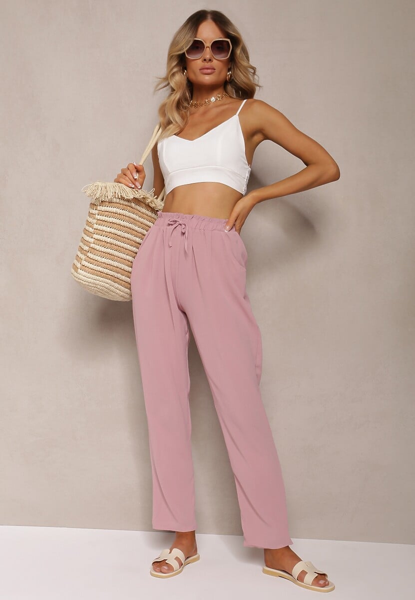 Pantaloni Roz Cerinda cu Talie Regulară cu Elastic și Șnur în Talie 1