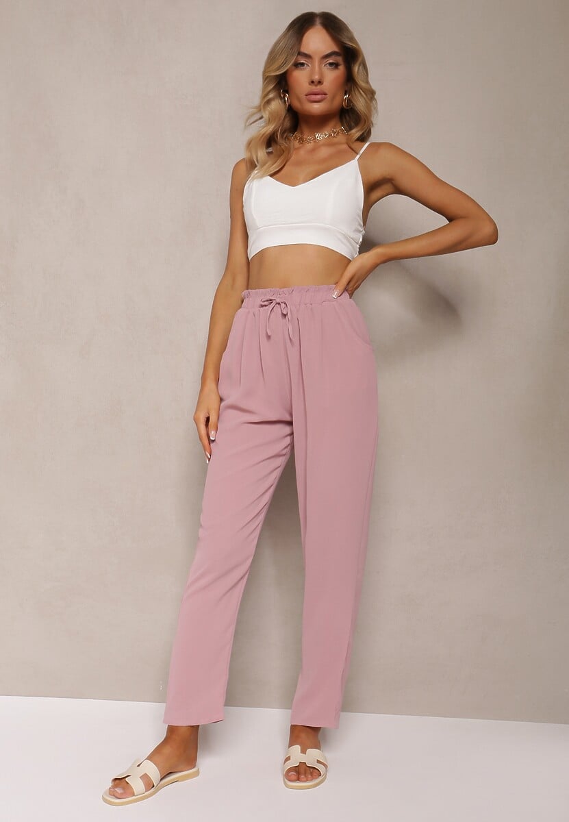 Pantaloni Roz Cerinda cu Talie Regulară cu Elastic și Șnur în Talie 2