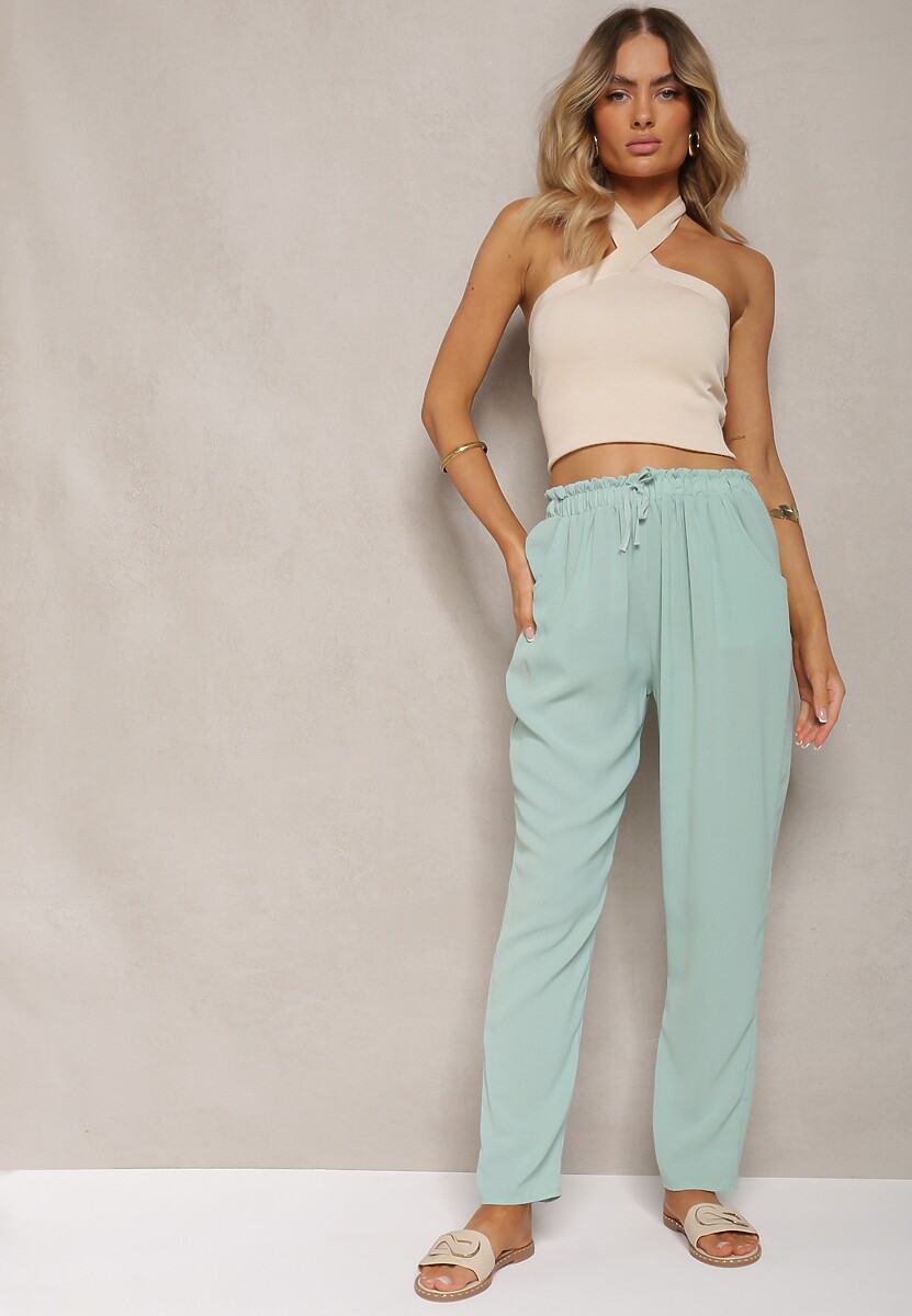 Pantaloni verde deschis cu talie regulară cu elastic și șnur în talie Cerinda 1