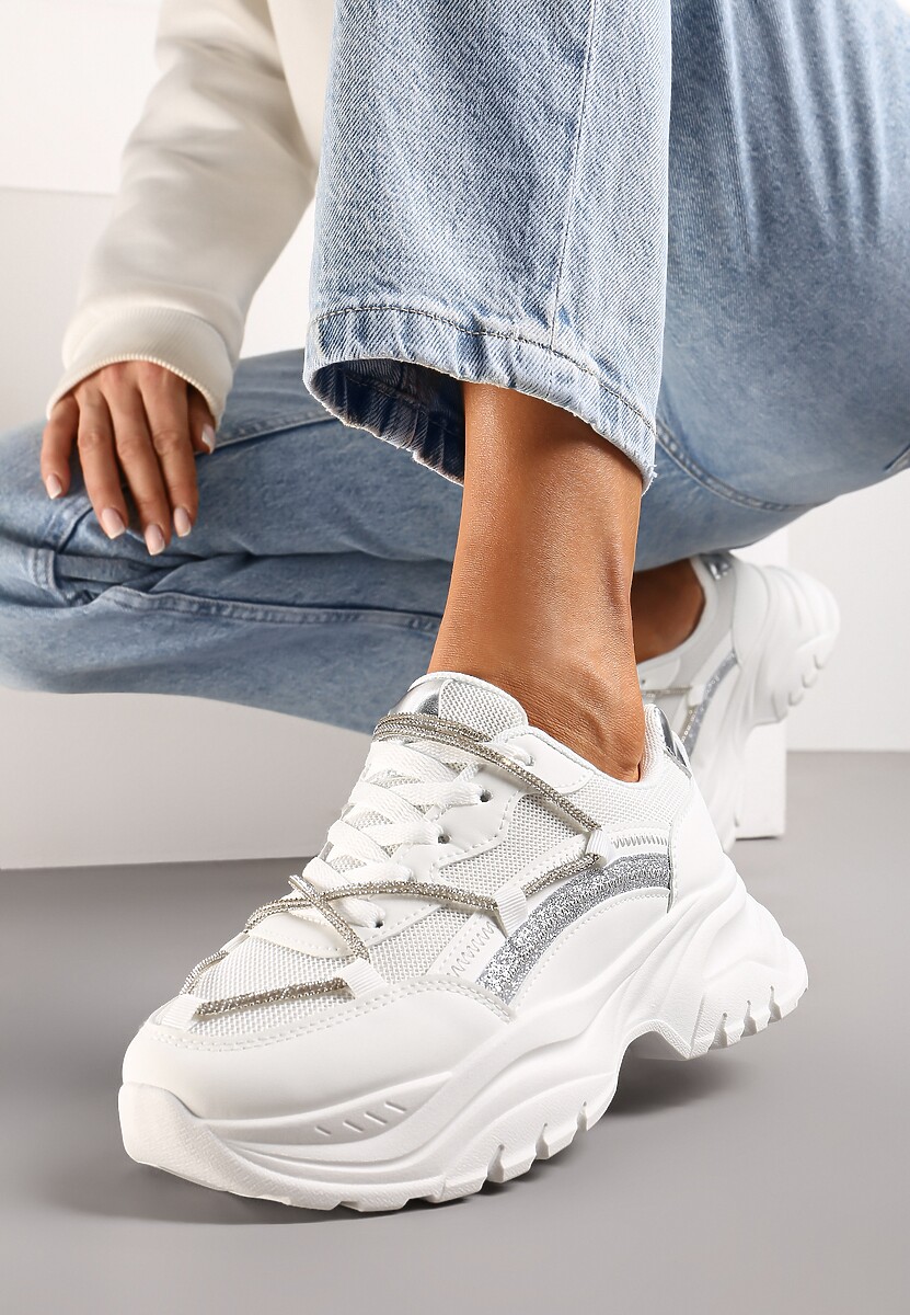 Sneakers Albi pe Talpă Groasă Decorați cu Pietre și Sclipici Klineria 1