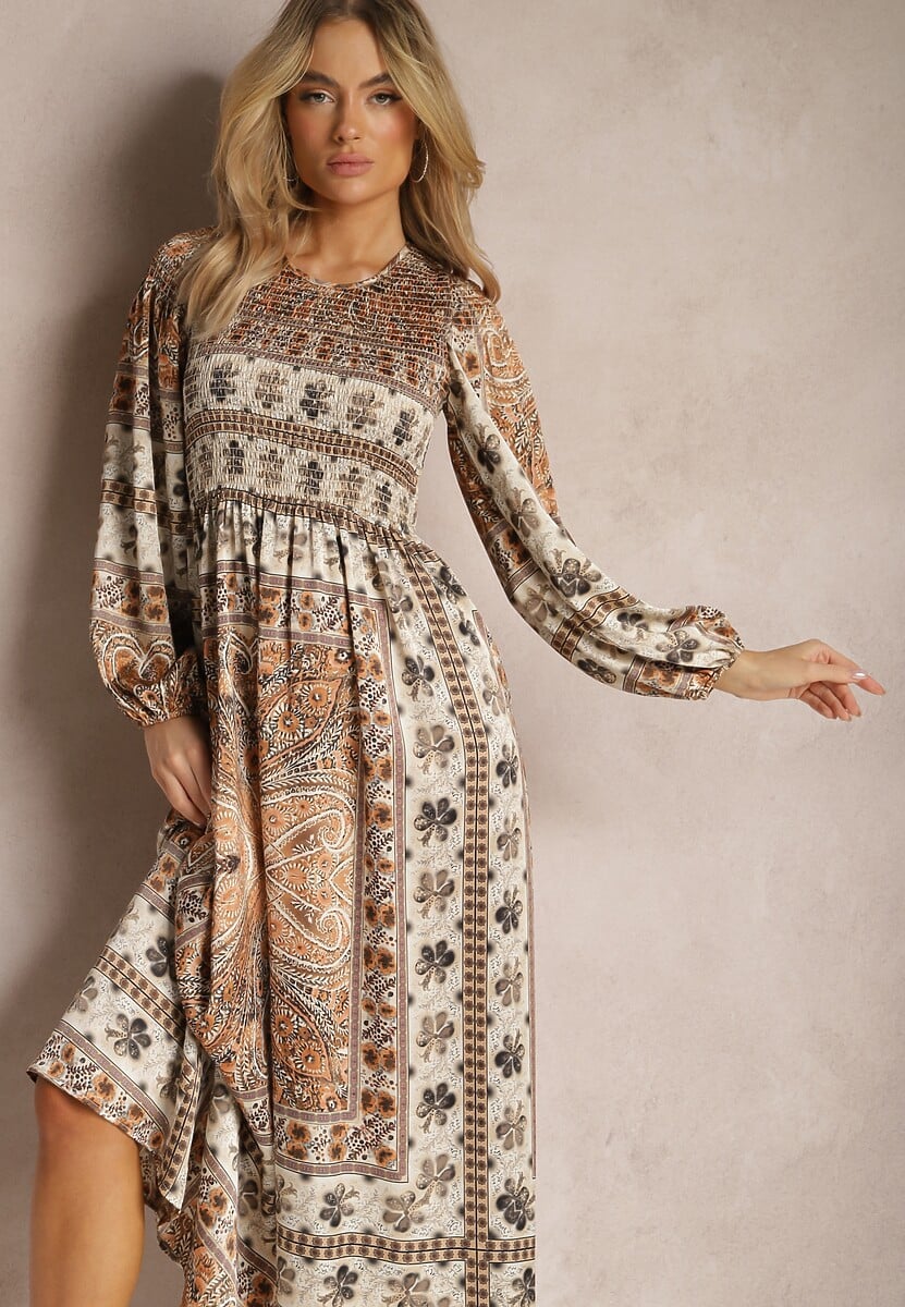 Rochie bej maxi boho cu mânecă bufantă și fustă cloș Veltiana 1