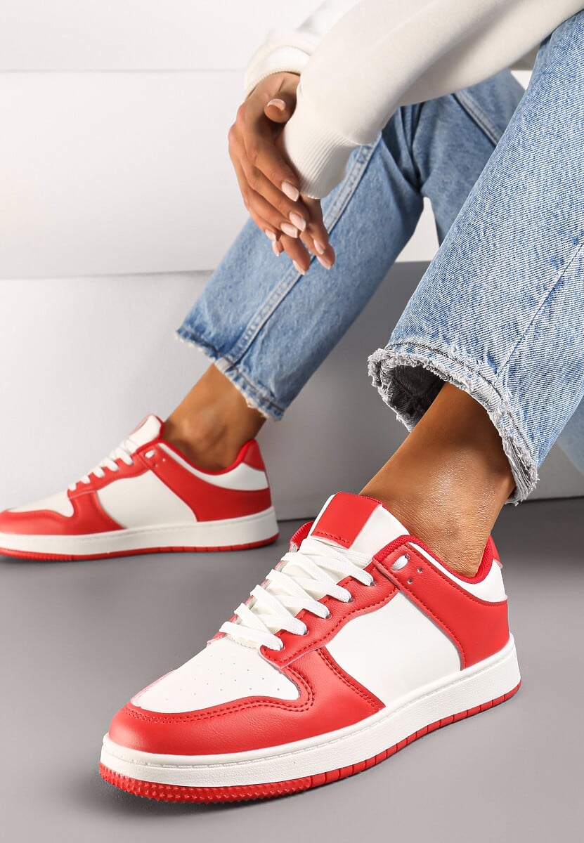 Sneakers Albi-Roșii cu Șireturi pe Talpă Plată din Imitație de Piele Bioriana 1