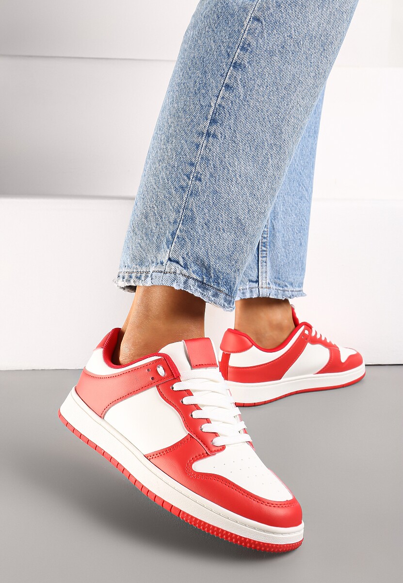 Sneakers Albi-Roșii cu Șireturi pe Talpă Plată din Imitație de Piele Bioriana 3