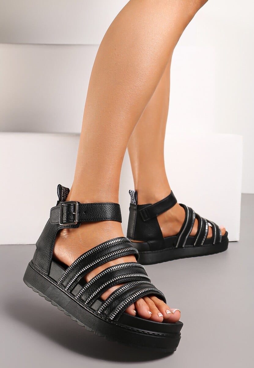 Sandale Gladiator Negre cu Fermoare pe Barete cu Cataramă Xerria 1