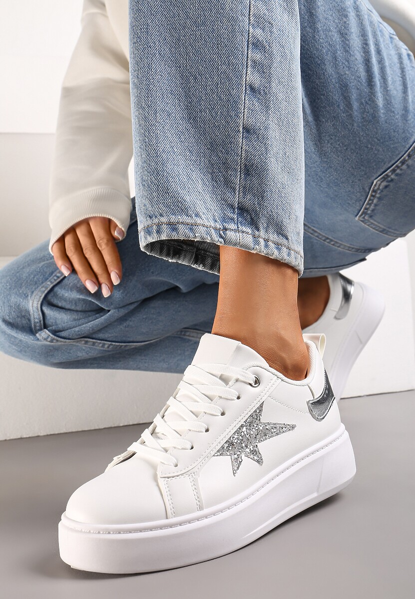 Sneakers Albi cu Șireturi pe Platformă Joasă cu Inserții Sclipitoare Cominia 1